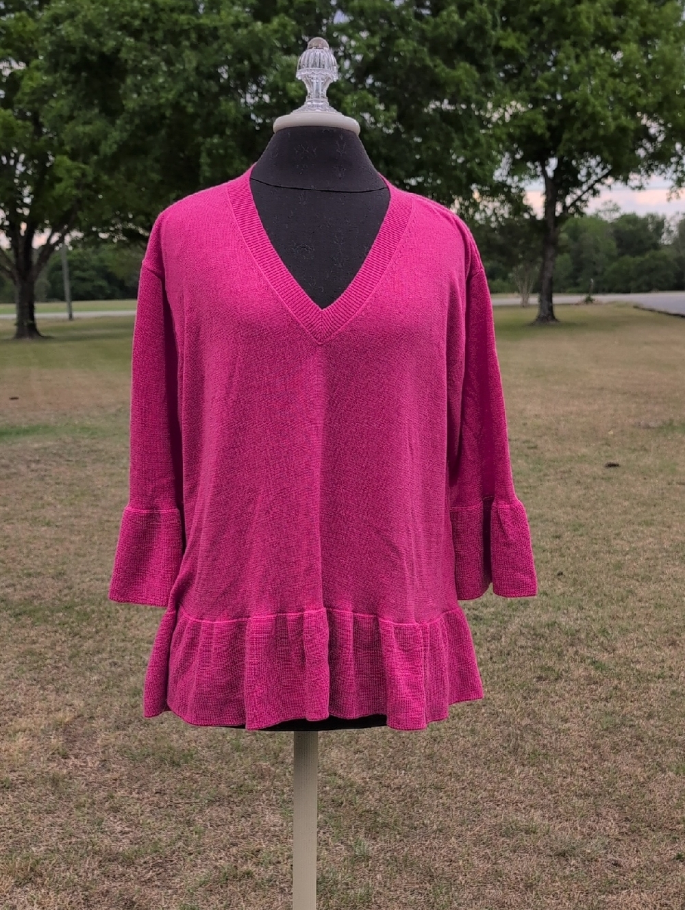 C Wonder Christian Siriano Women’s V-Neck Ruffle Hem Sweater - Fuchsia Pink